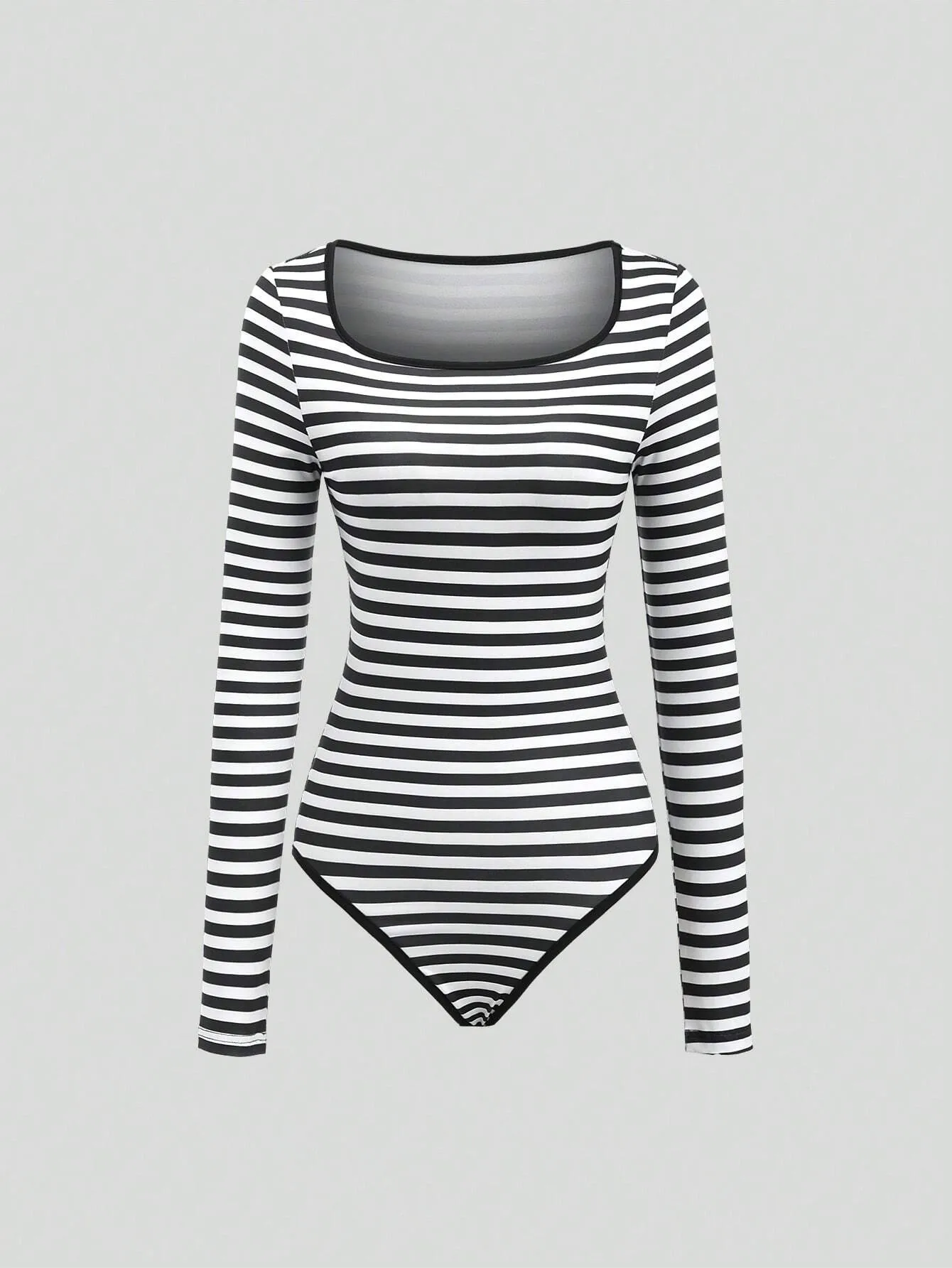 2pcs Black & Black-White Striped Square Neck Long Sleeve Bodysuit Set