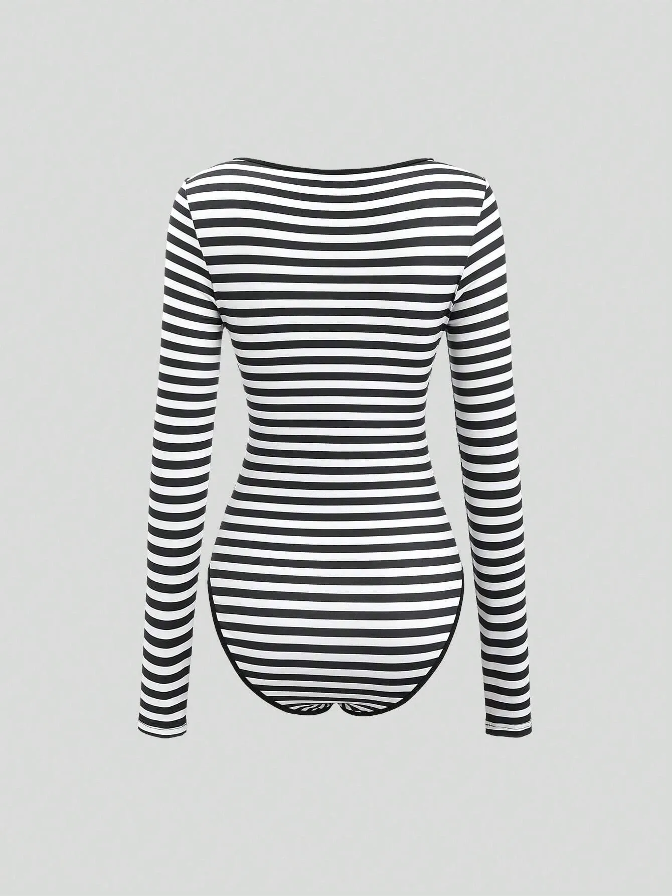 2pcs Black & Black-White Striped Square Neck Long Sleeve Bodysuit Set