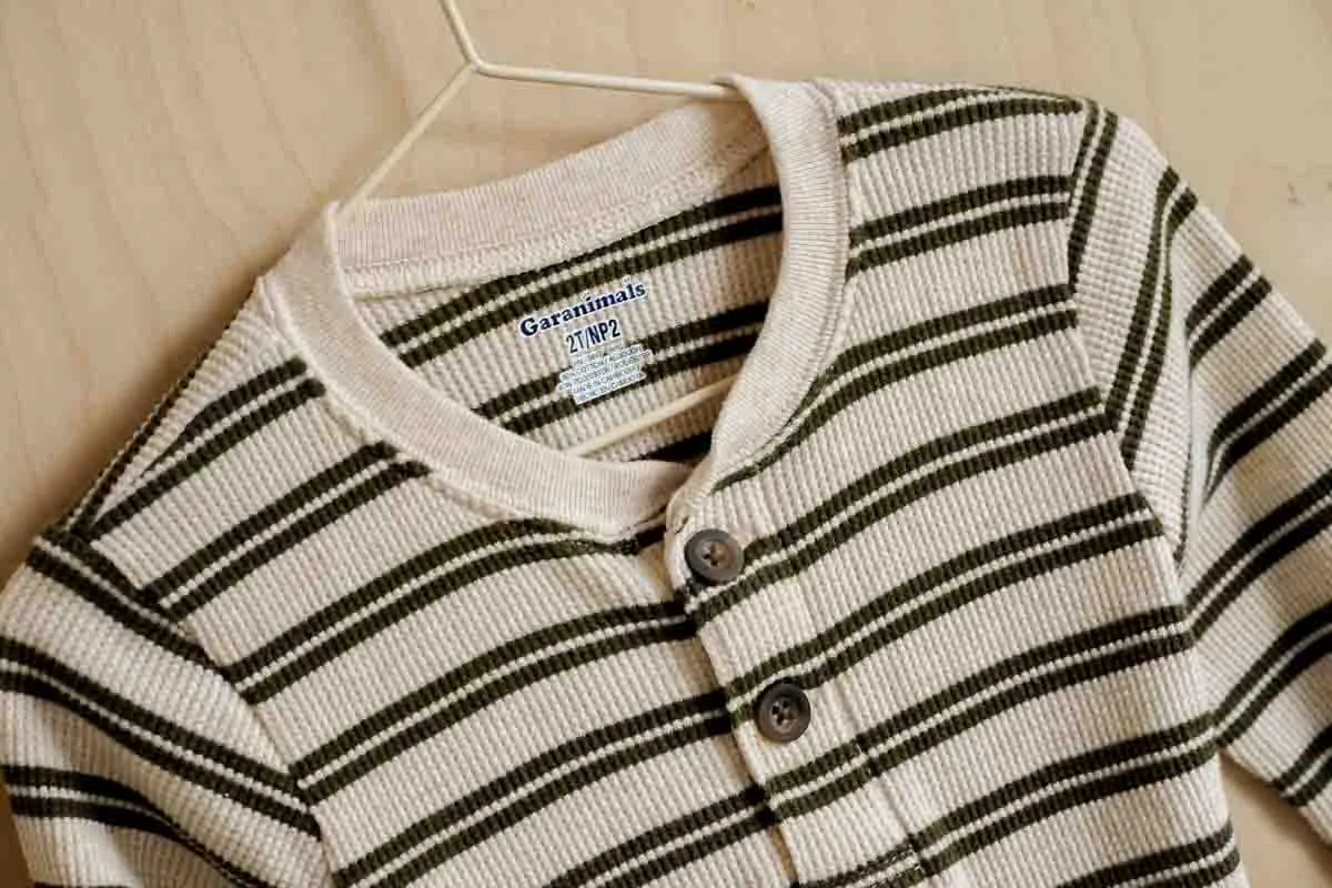 Beige & Green Striped Waffle Henley: 2T