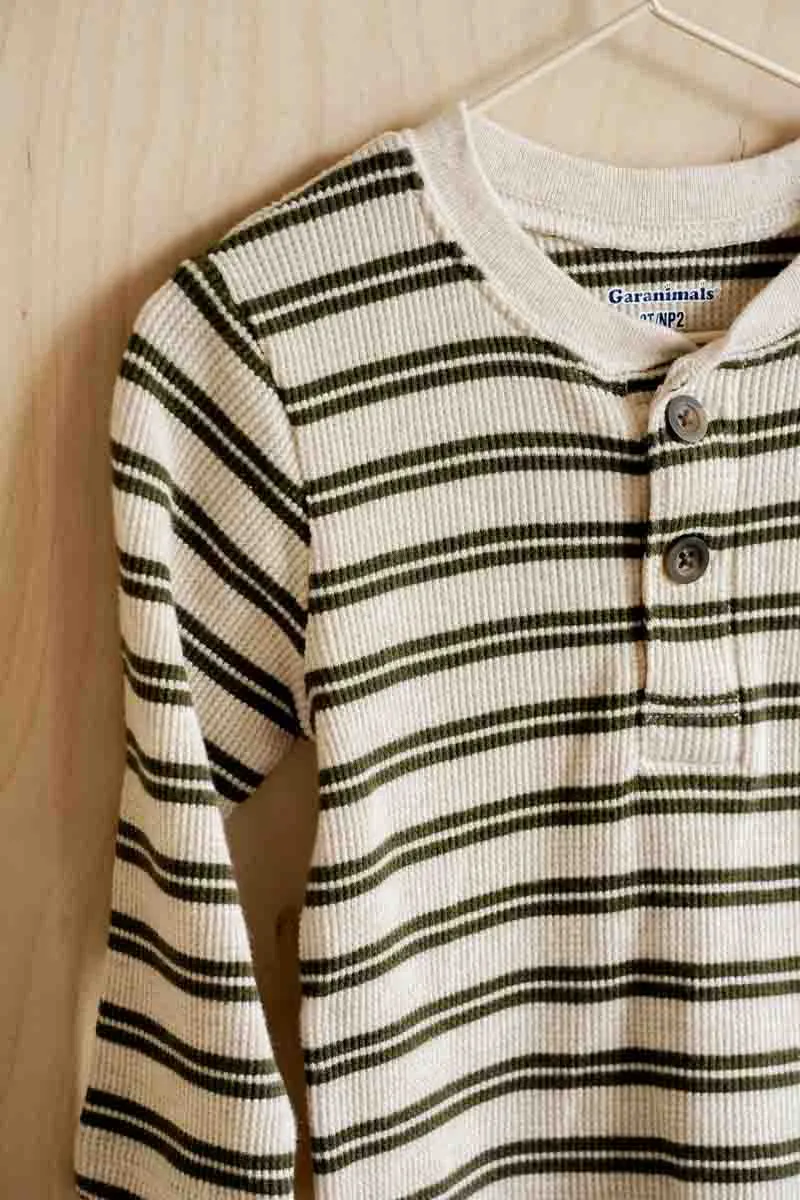 Beige & Green Striped Waffle Henley: 2T