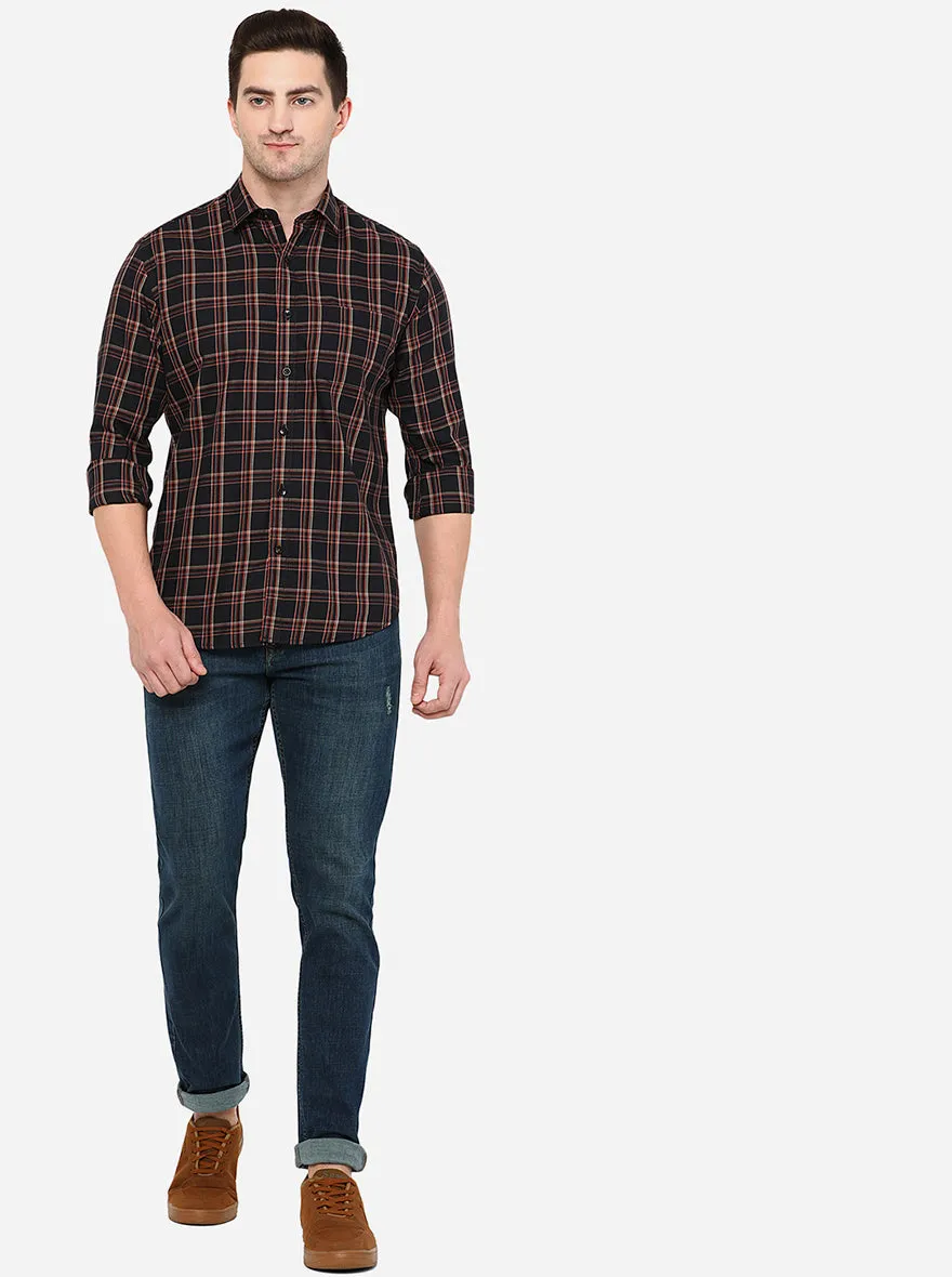 Black & Orange Checked Slim Fit Casual Shirt | Greenfibre