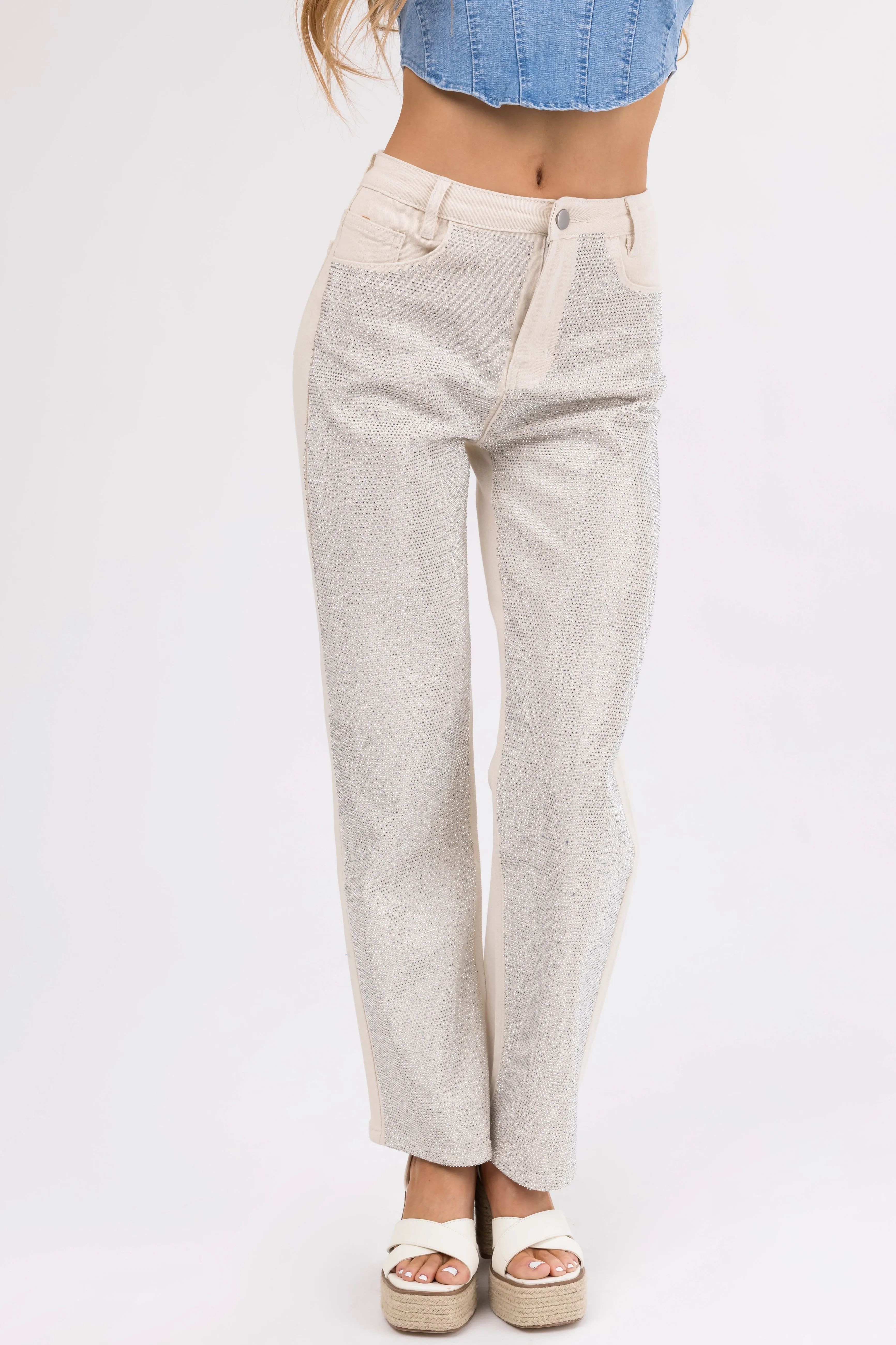 Blue B Cream Rhinestone Front Straight Leg Jeans