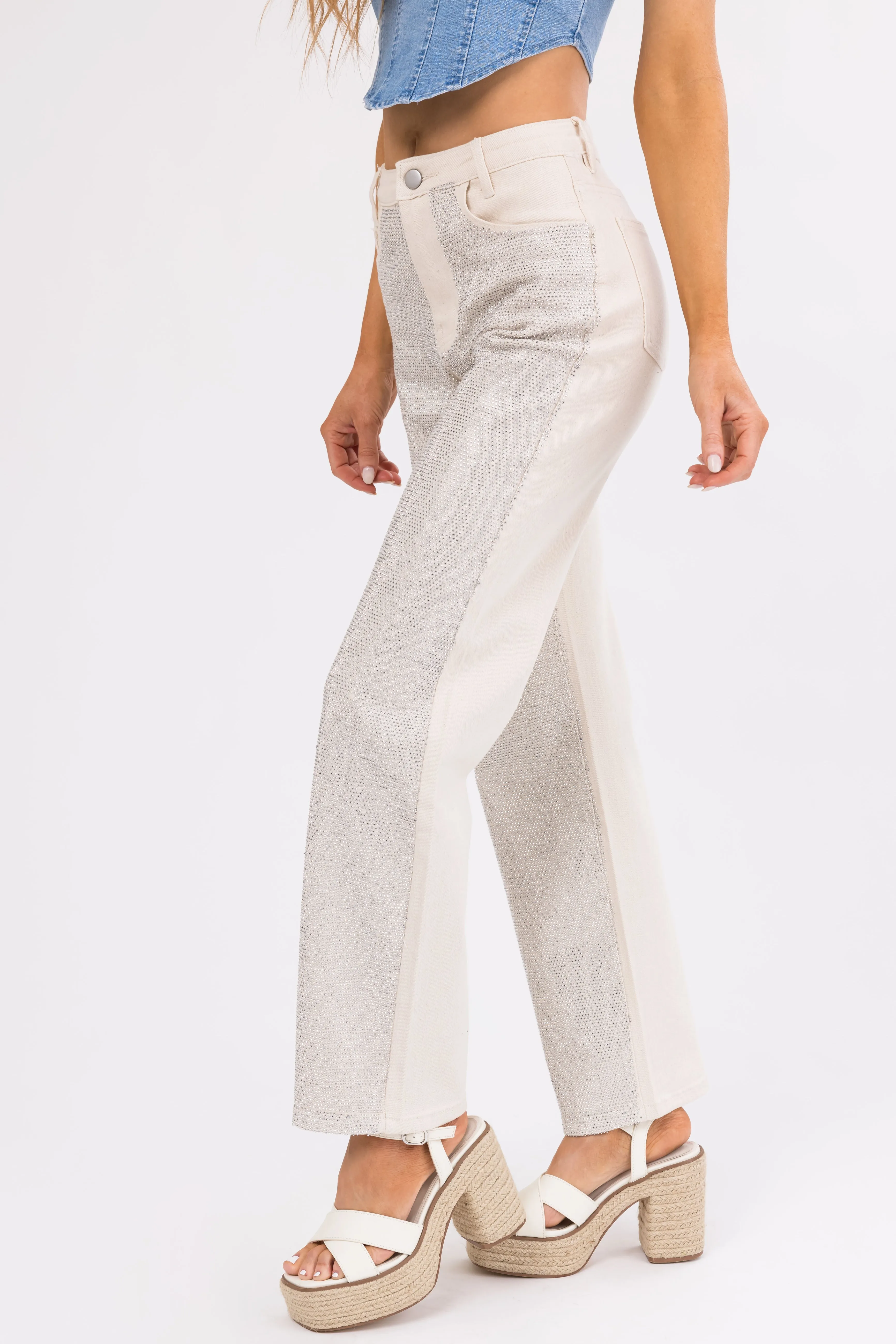 Blue B Cream Rhinestone Front Straight Leg Jeans