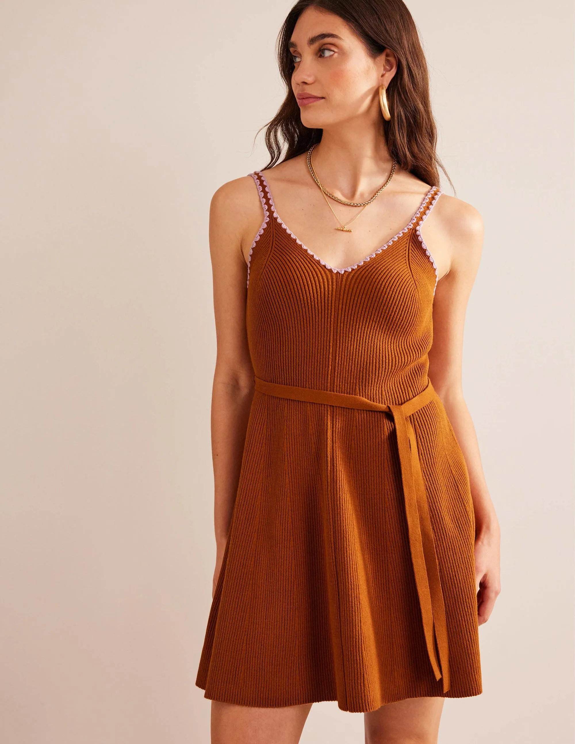 Crochet-Trim Knitted Dress-Pumpkin