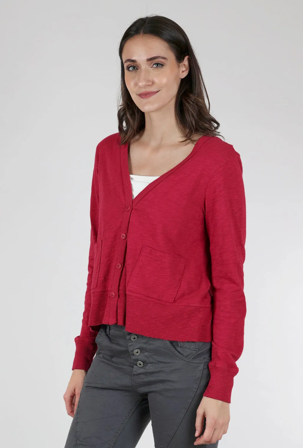 Crop Boxy Pocket Slub Cardigan, Raspberry