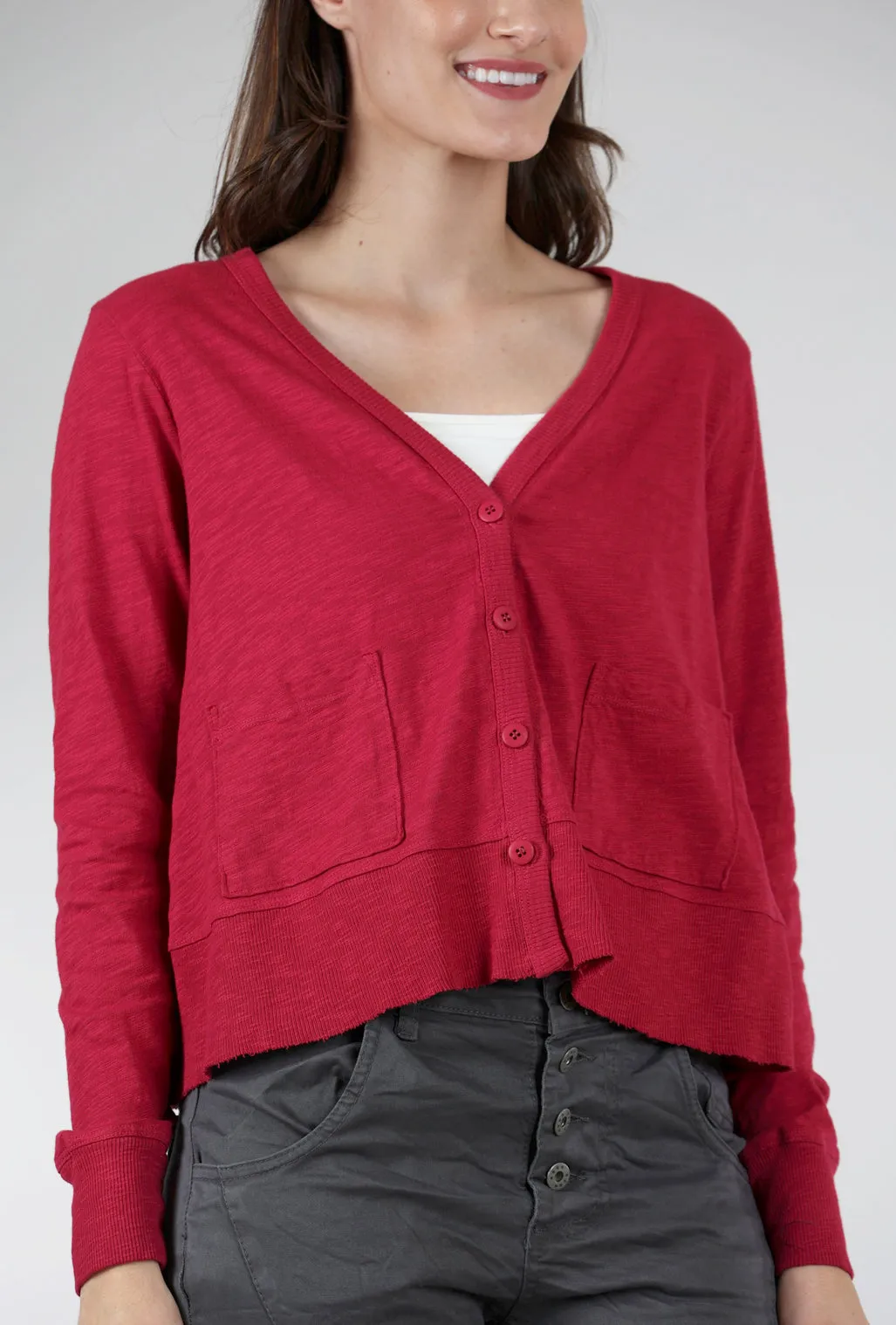 Crop Boxy Pocket Slub Cardigan, Raspberry