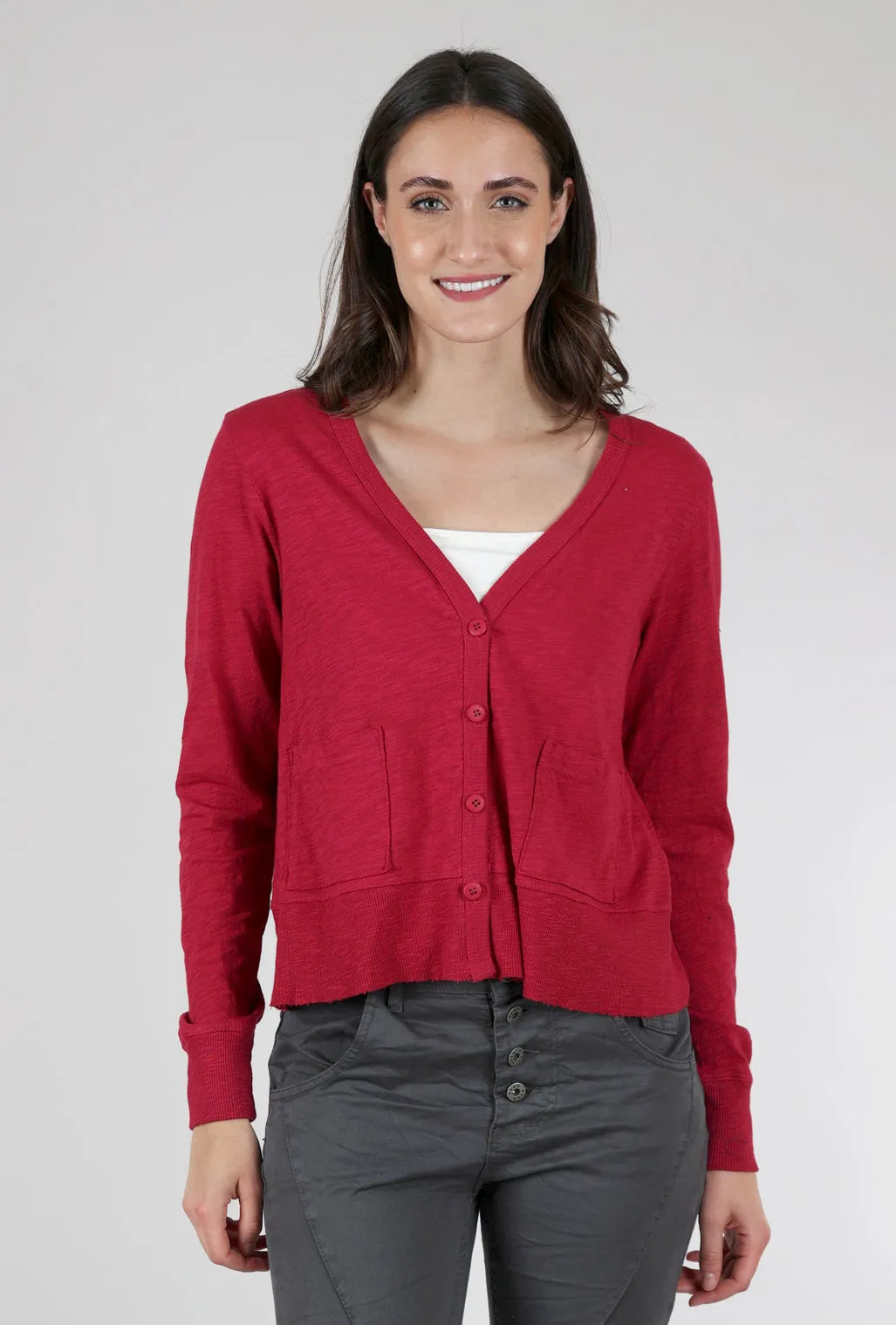 Crop Boxy Pocket Slub Cardigan, Raspberry
