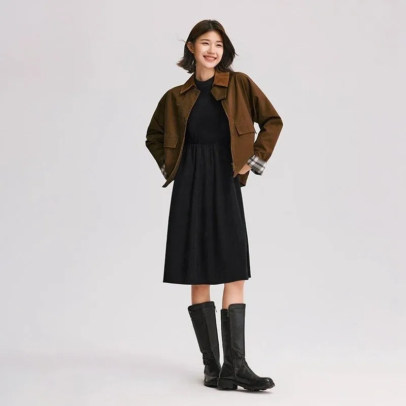 Elegant Winter Corduroy Patchwork Midi Dress