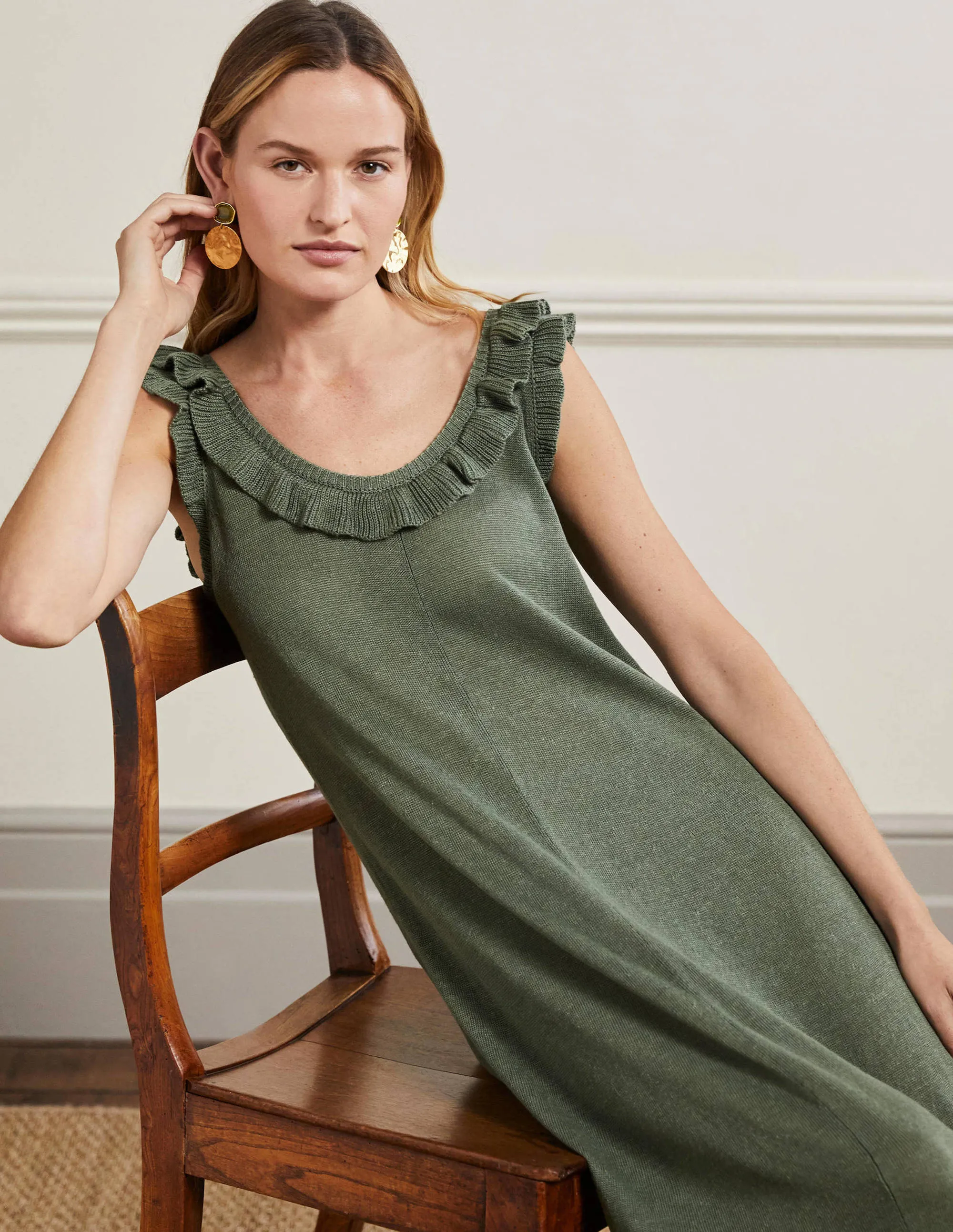Frill Neck Knitted Midi Dress-Alder