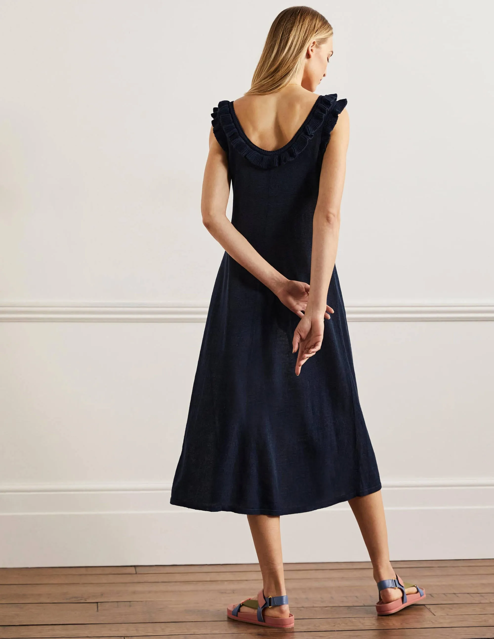 Frill Neck Knitted Midi Dress-Navy