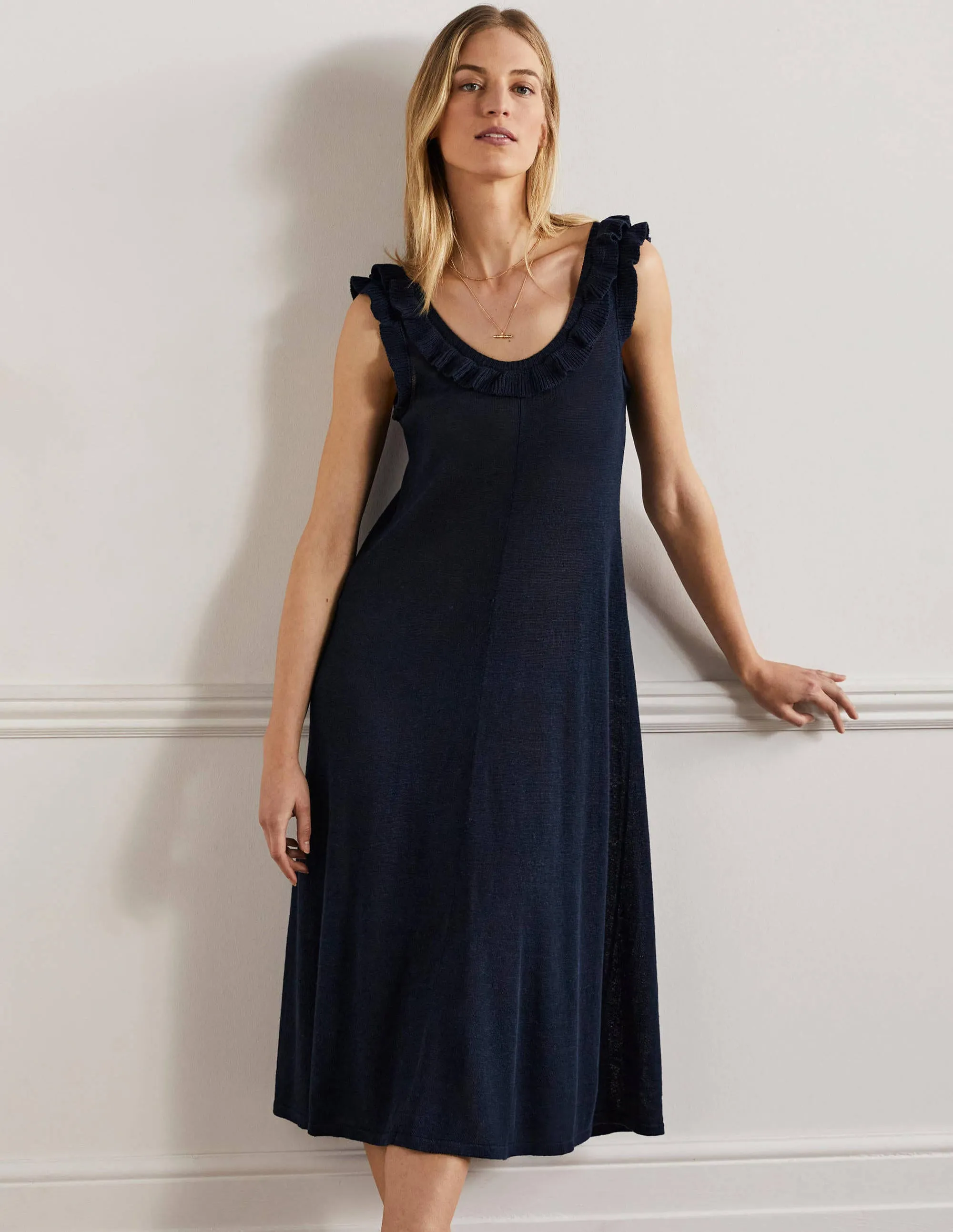 Frill Neck Knitted Midi Dress-Navy