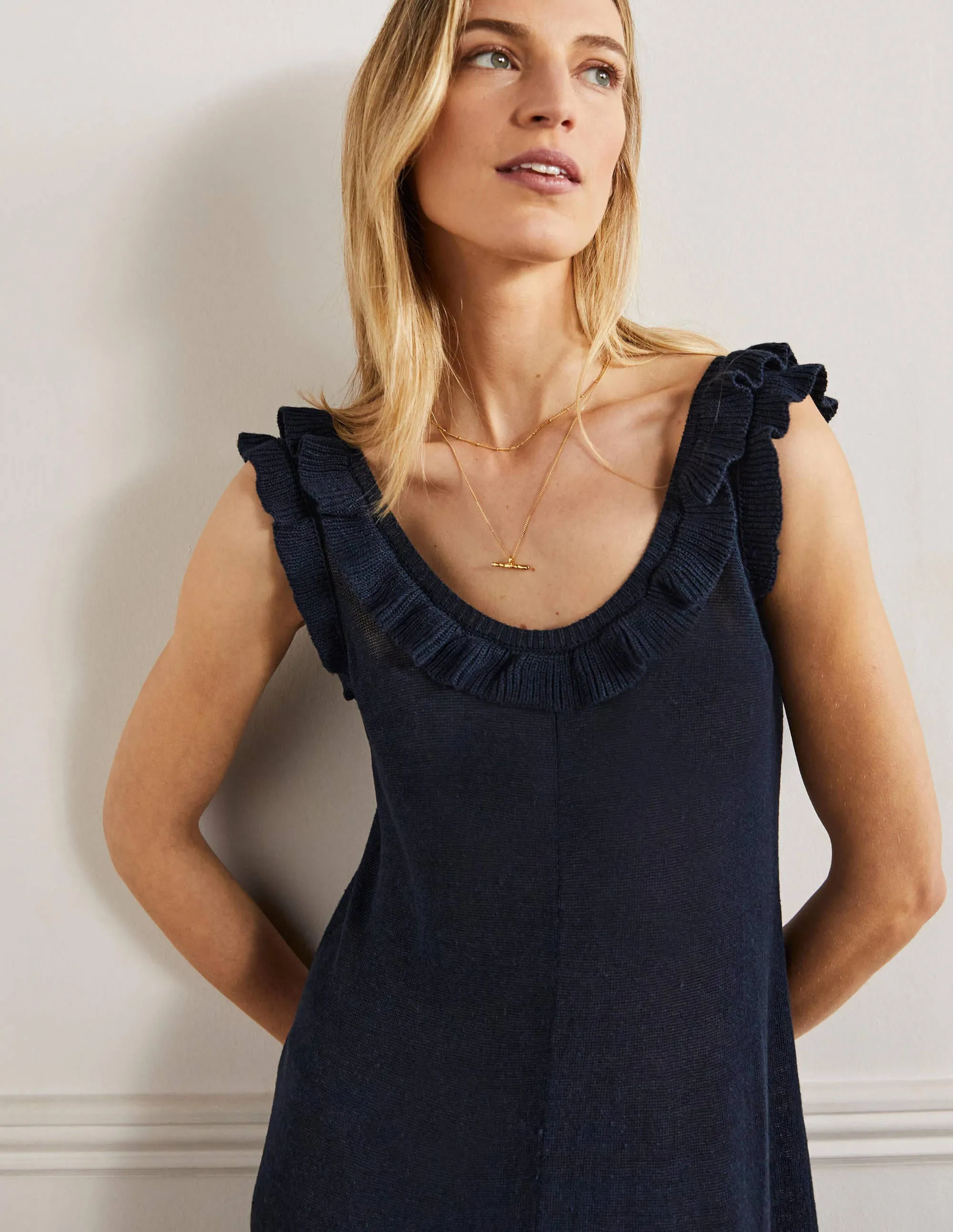 Frill Neck Knitted Midi Dress-Navy