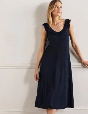 Frill Neck Knitted Midi Dress-Navy