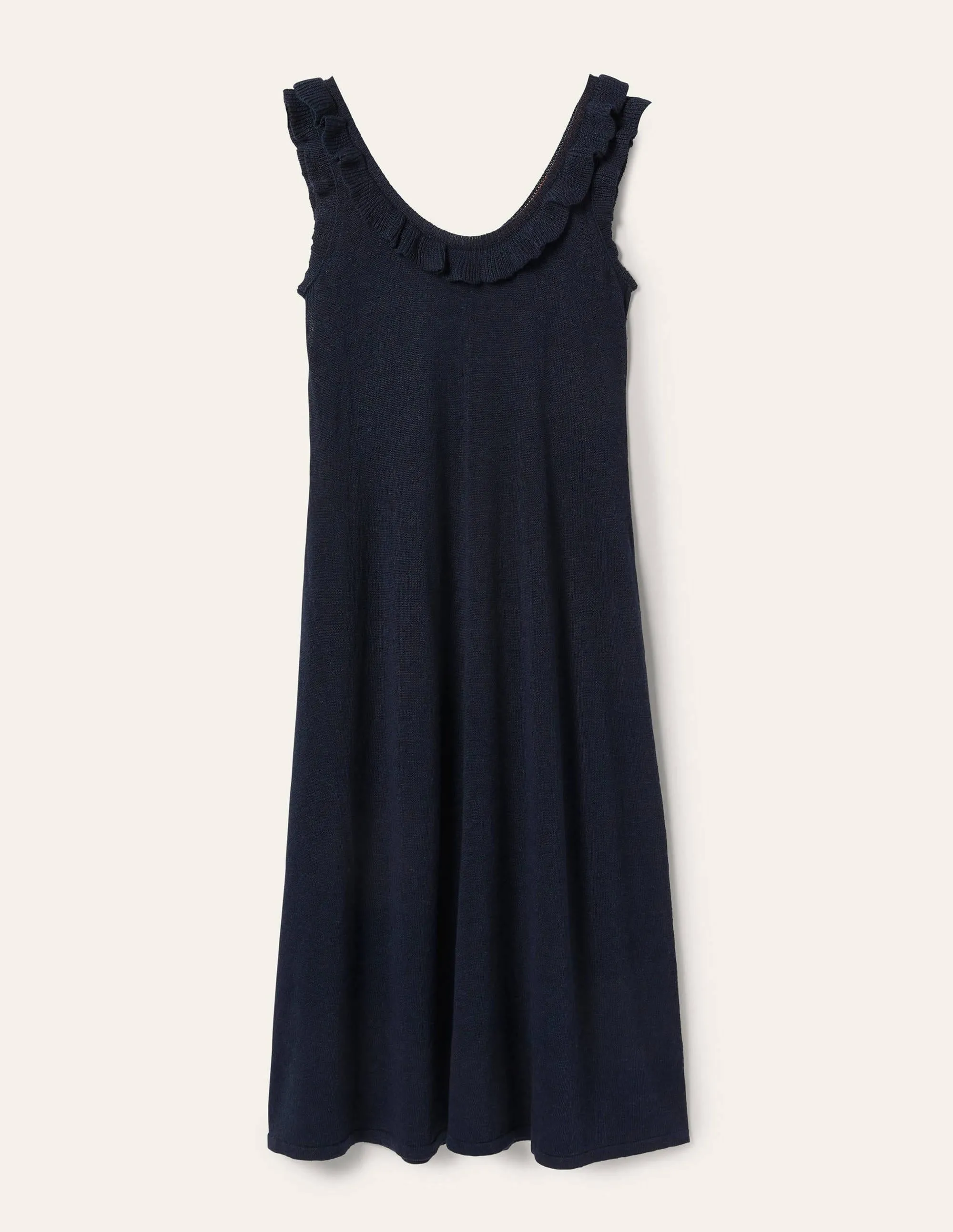 Frill Neck Knitted Midi Dress-Navy