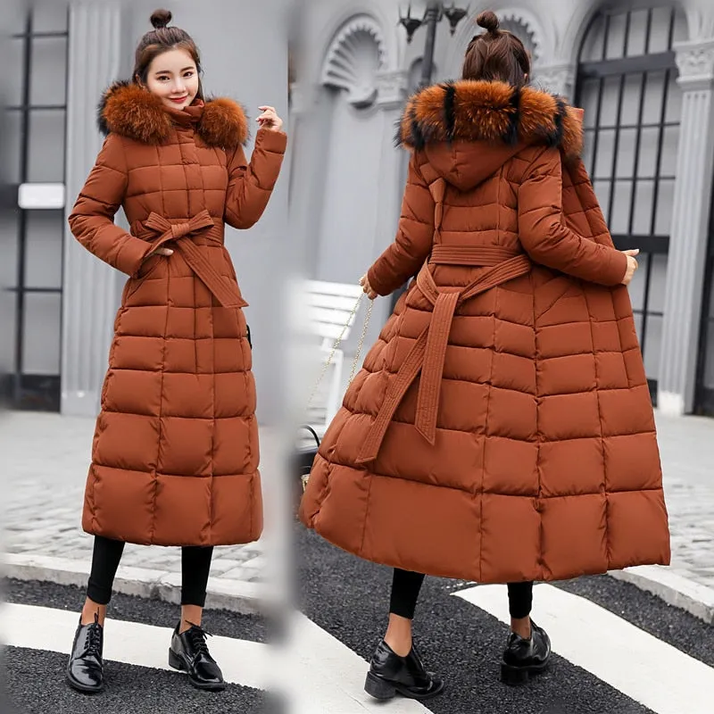Goose Down fashion bow belt fur collar coat long thick coat