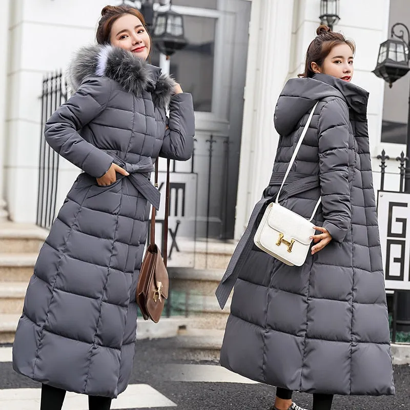 Goose Down fashion bow belt fur collar coat long thick coat