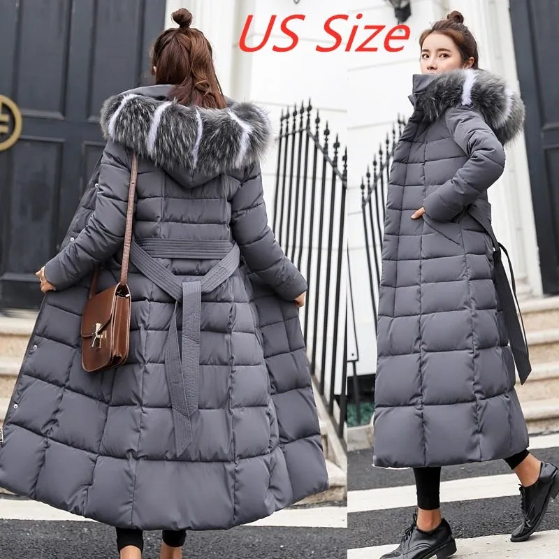 Goose Down fashion bow belt fur collar coat long thick coat