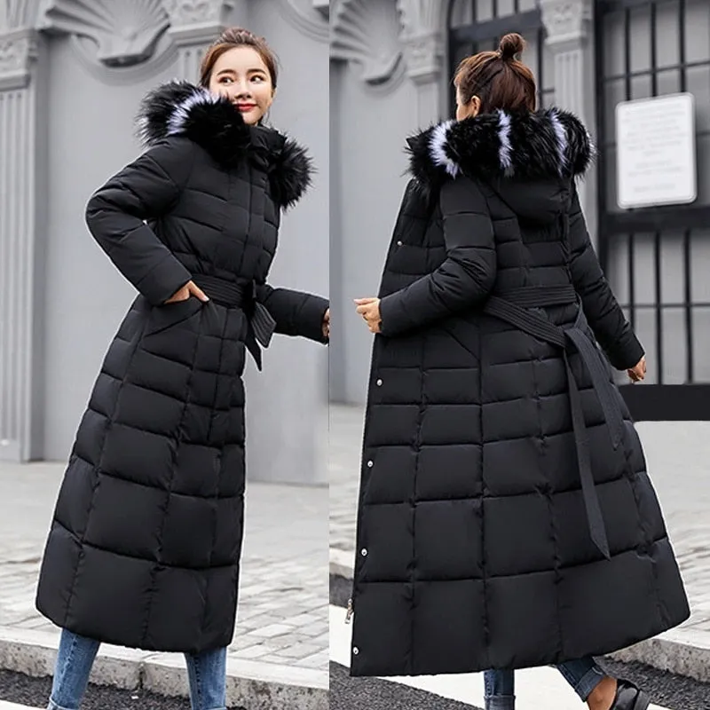 Goose Down fashion bow belt fur collar coat long thick coat