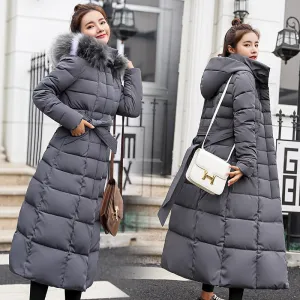 Goose Down fashion bow belt fur collar coat long thick coat