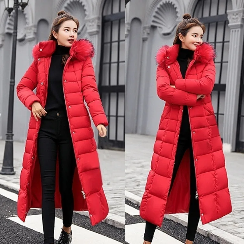 Goose Down fashion bow belt fur collar coat long thick coat