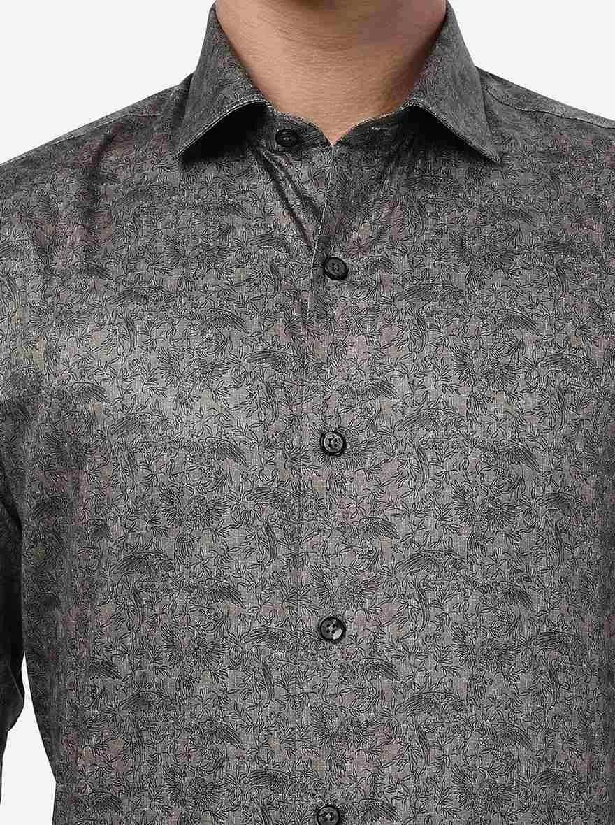 Khaki Printed Slim Fit Party Wear Shirt | JB Studio