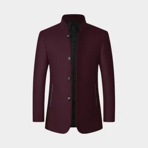 Men's Wool Blend Overcoat - Old Money - Winter Warm Trench Coat, Stand-Up Collar, Wine Red, Black, Grey