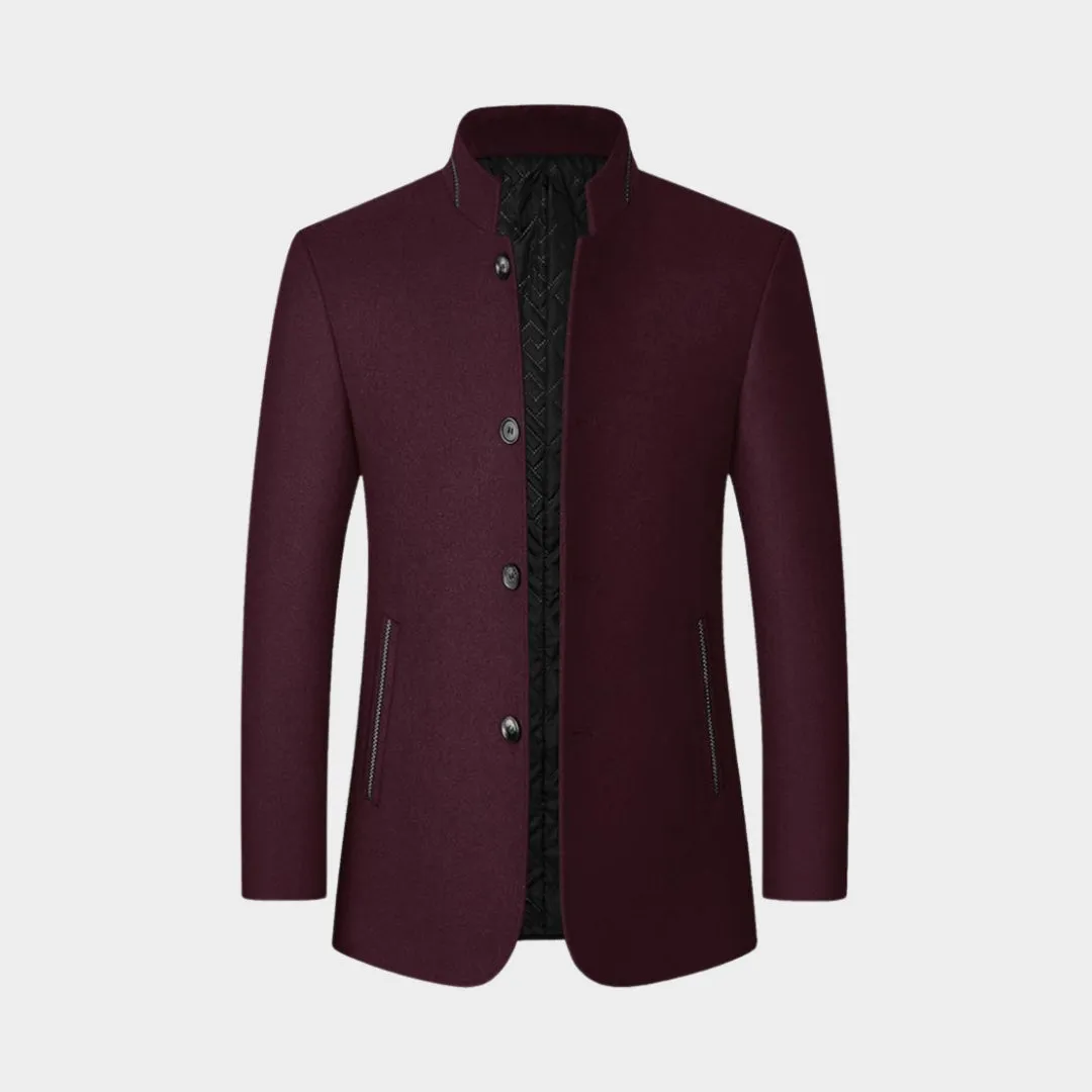 Men's Wool Blend Overcoat - Old Money - Winter Warm Trench Coat, Stand-Up Collar, Wine Red, Black, Grey