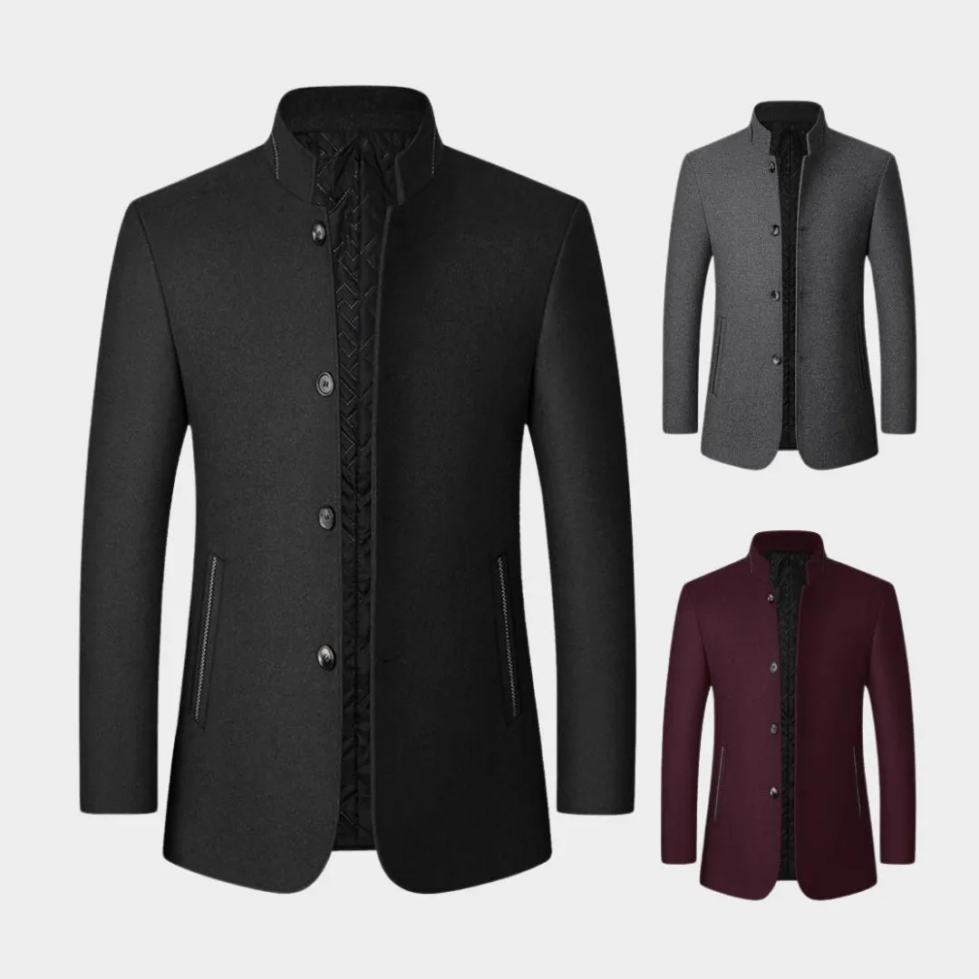 Men's Wool Blend Overcoat - Old Money - Winter Warm Trench Coat, Stand-Up Collar, Wine Red, Black, Grey
