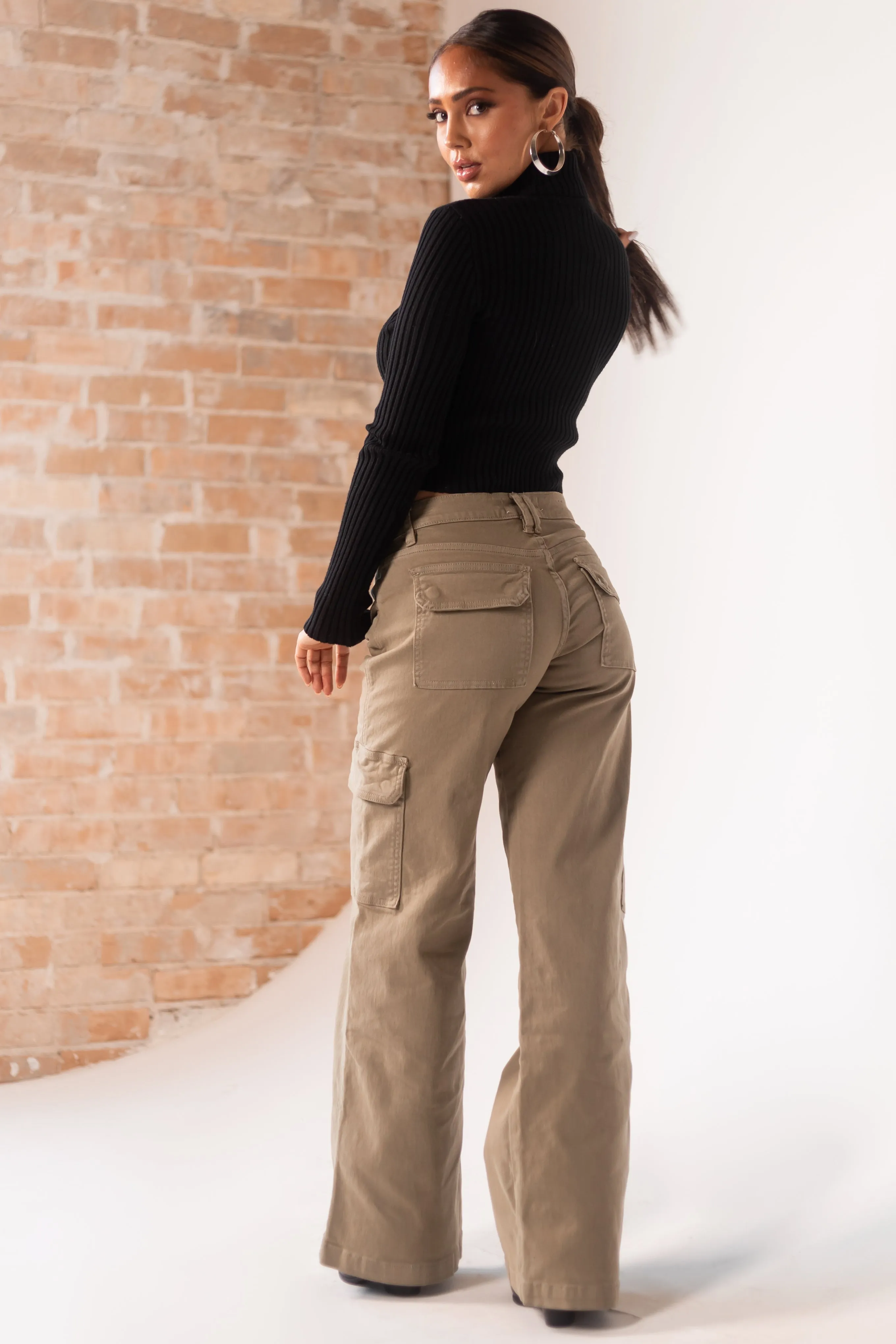 Mica Denim Olive Mid Rise Wide Leg Cargo Jeans