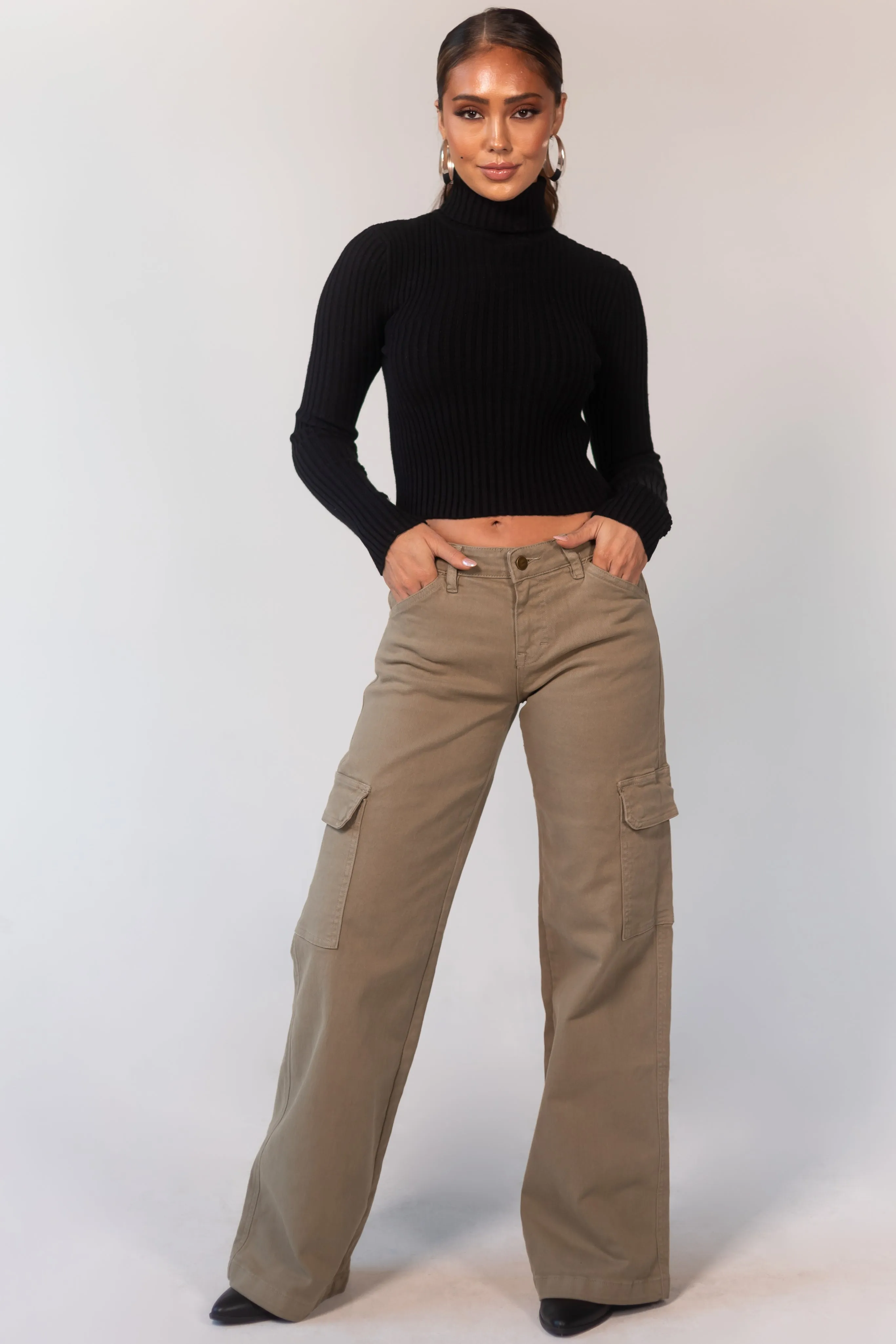 Mica Denim Olive Mid Rise Wide Leg Cargo Jeans