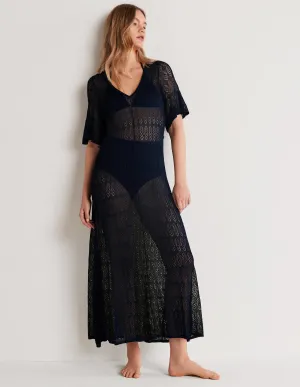Pointelle Knitted Midi Dress-Navy