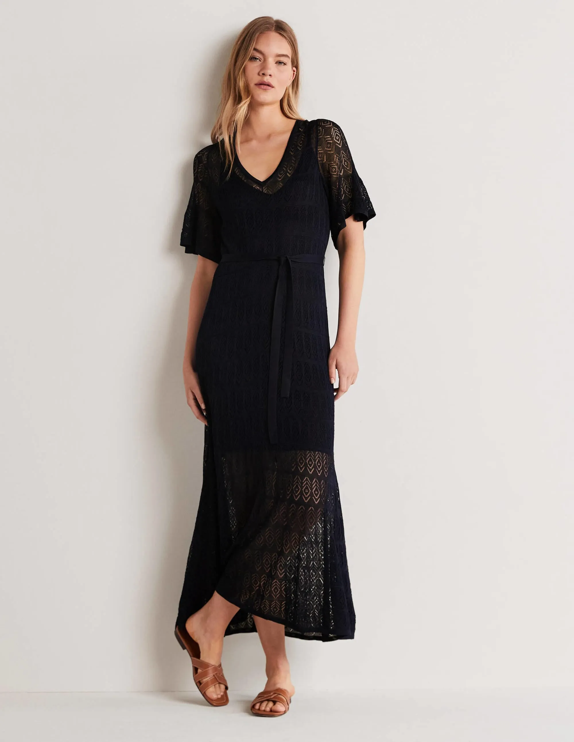 Pointelle Knitted Midi Dress-Navy