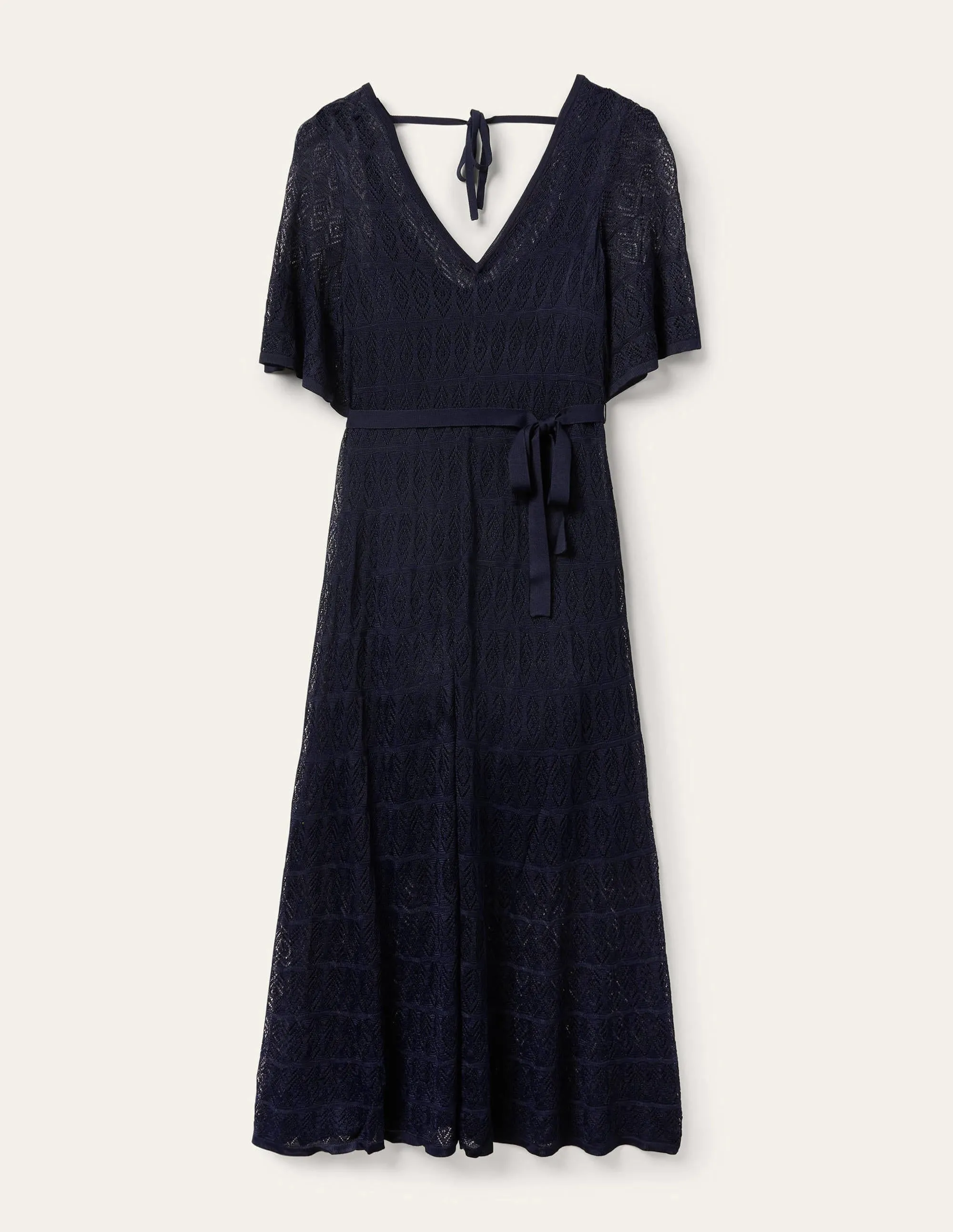 Pointelle Knitted Midi Dress-Navy