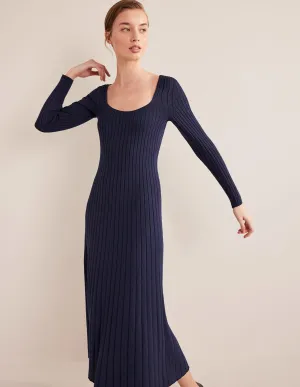 Scoop Neck Knitted Midi Dress-Navy