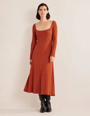 Scoop Neck Knitted Midi Dress-Rust