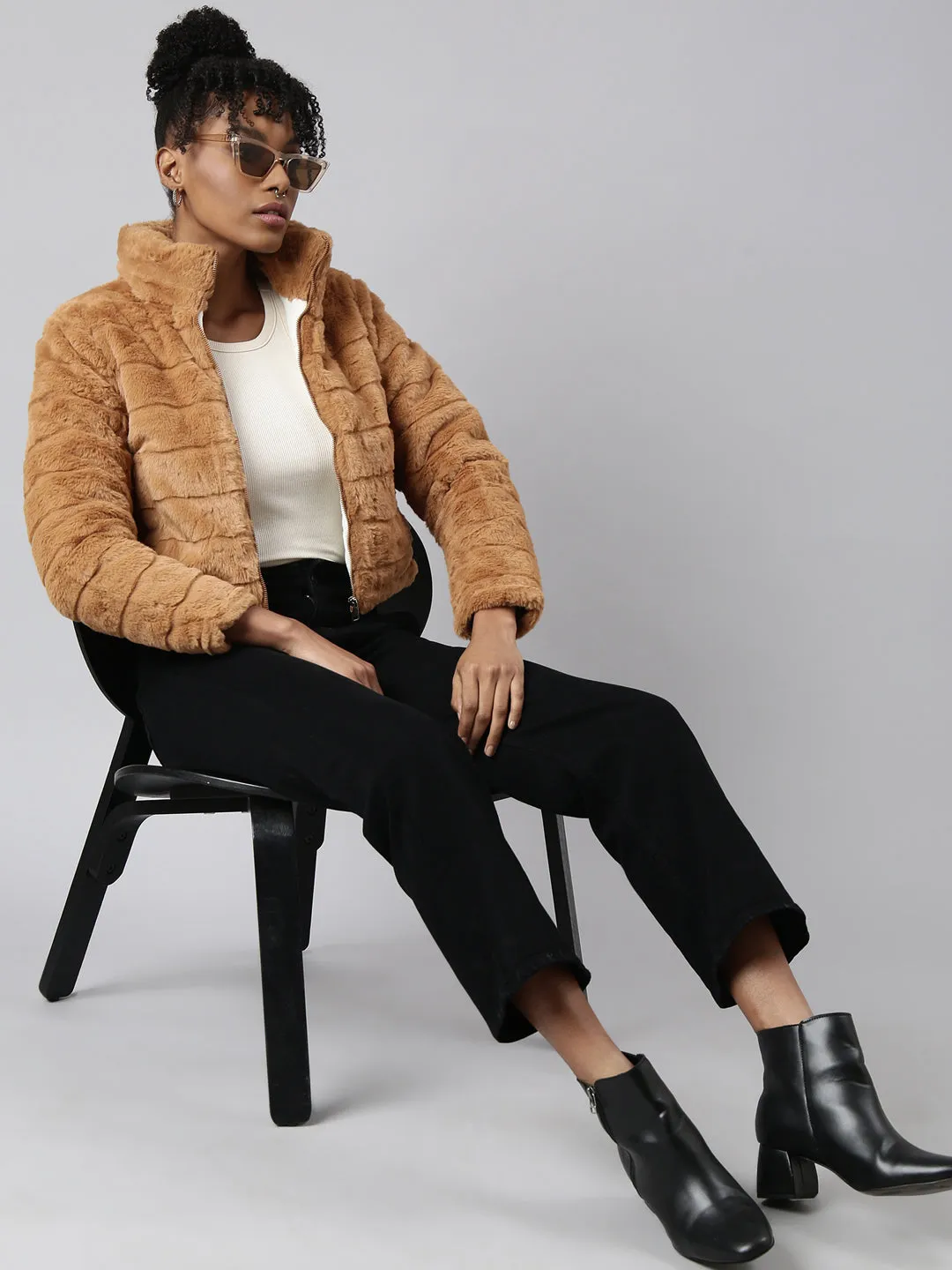 Women Mustard Mock Collar Open Front Puffer Jacket