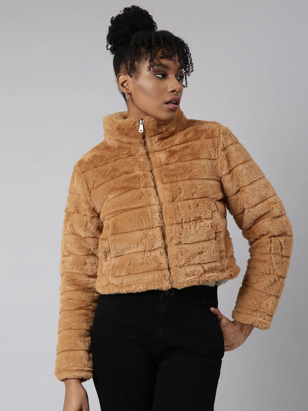 Women Mustard Mock Collar Open Front Puffer Jacket
