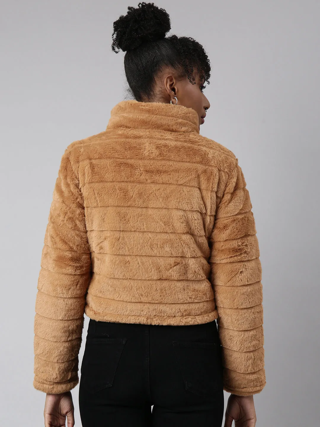 Women Mustard Mock Collar Open Front Puffer Jacket