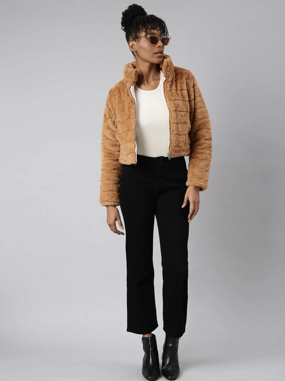 Women Mustard Mock Collar Open Front Puffer Jacket