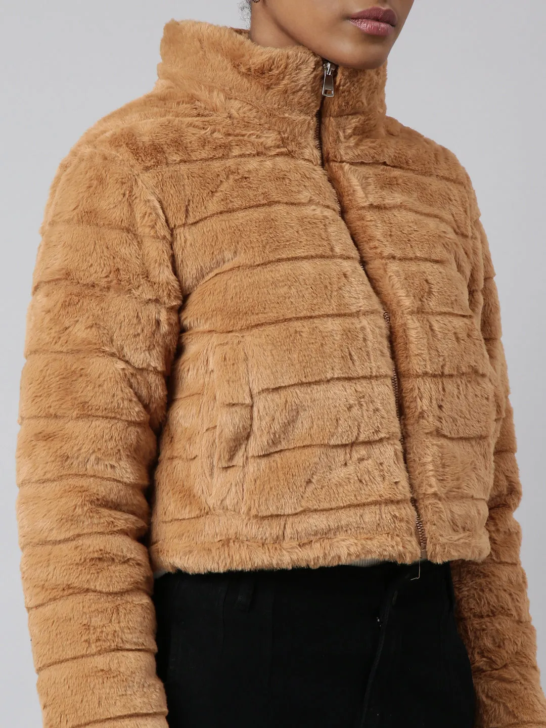 Women Mustard Mock Collar Open Front Puffer Jacket