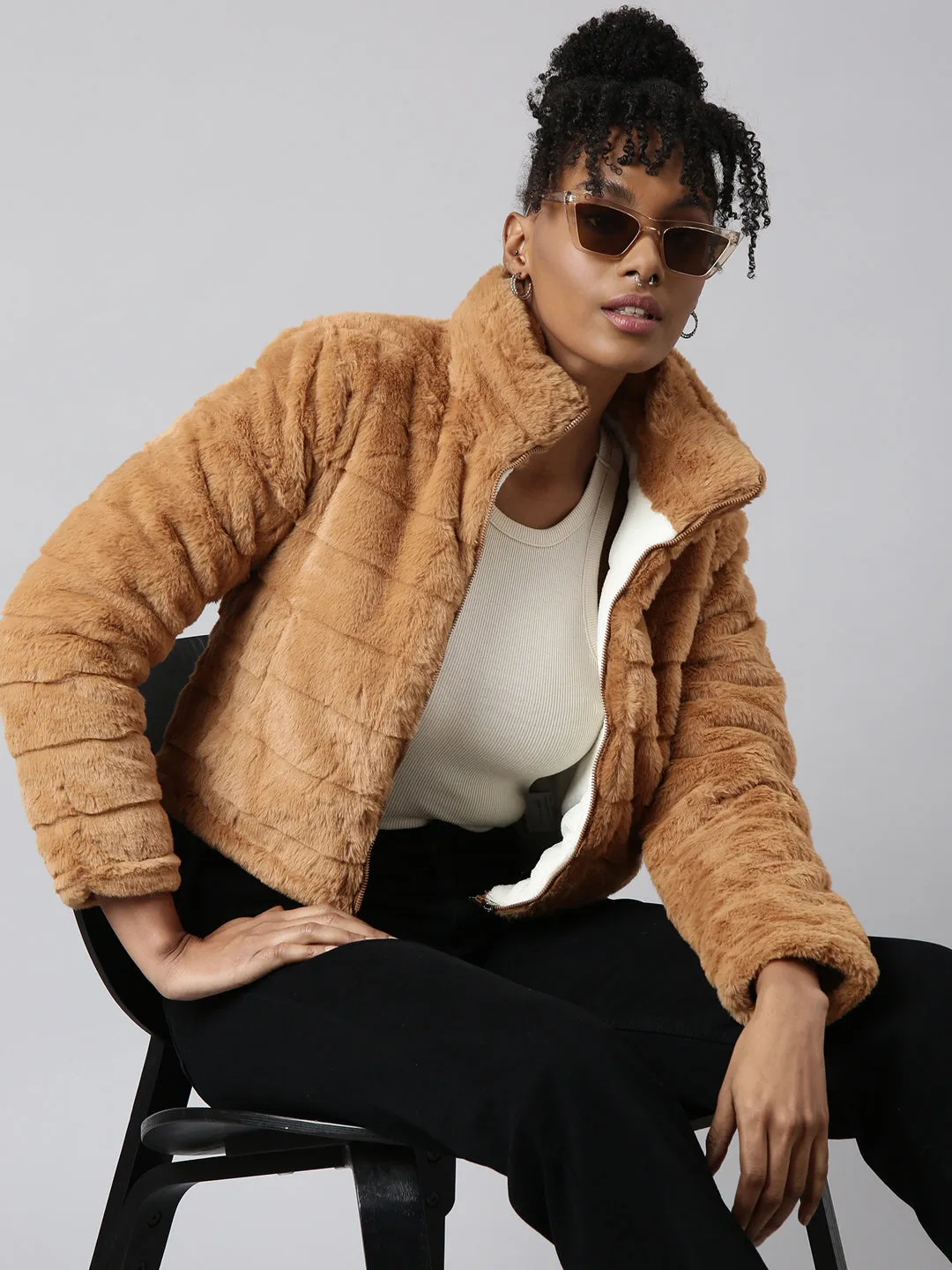 Women Mustard Mock Collar Open Front Puffer Jacket
