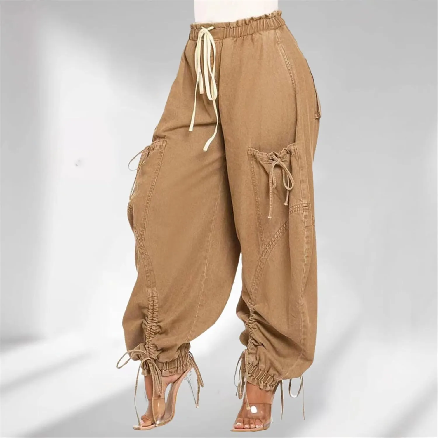 Women's Baggy Cargo Barrel Jeans Drawstring High Waist Loose Harem Wide Leg Denim Pants Bow Tie Harem Pants Joggers