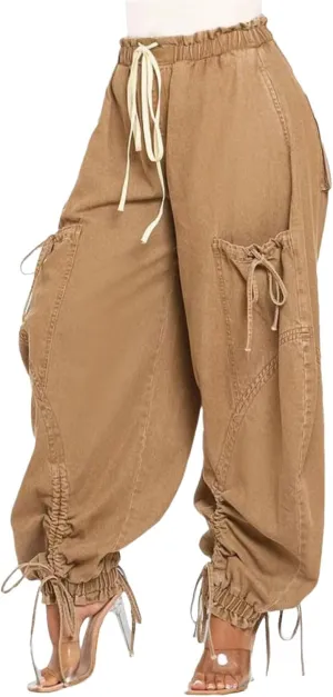 Women's Baggy Cargo Barrel Jeans Drawstring High Waist Loose Harem Wide Leg Denim Pants Bow Tie Harem Pants Joggers