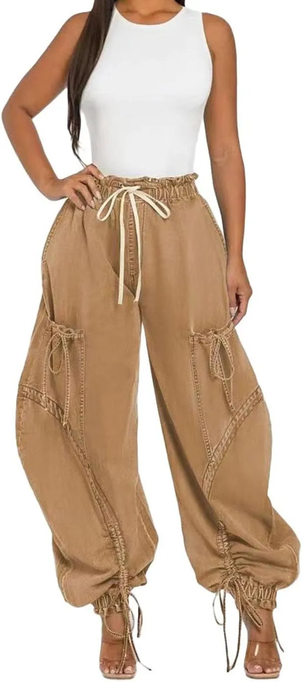 Women's Baggy Cargo Barrel Jeans Drawstring High Waist Loose Harem Wide Leg Denim Pants Bow Tie Harem Pants Joggers