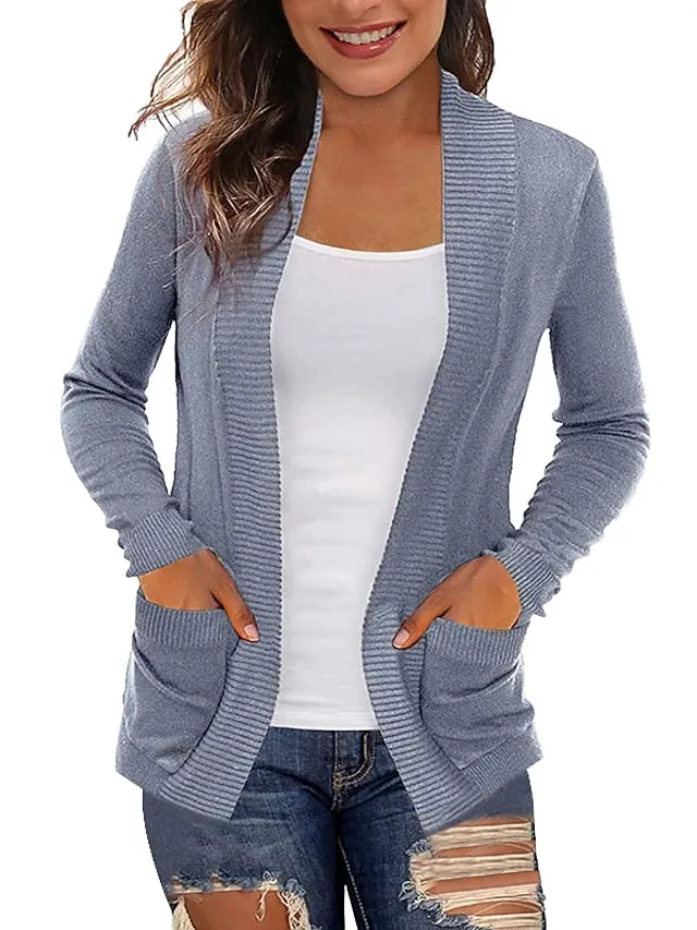 Women's Cardigan Knitted Front Pocket Solid Color Basic Casual Soft Long Sleeve Regular Fit Sweater Cardigans Open Front Fall Winter Spring Blue Wine Black / Going out