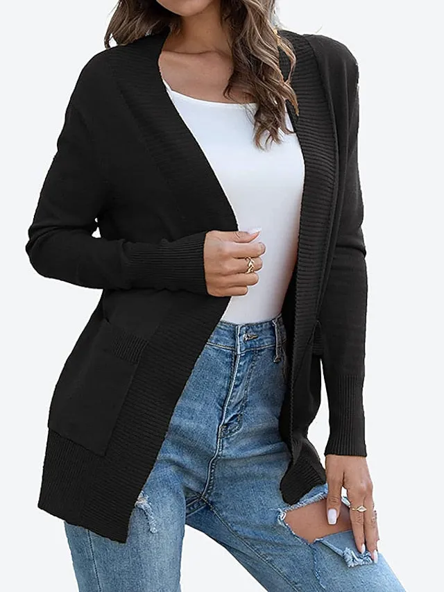 Women's Cardigan Knitted Front Pocket Solid Color Basic Casual Soft Long Sleeve Regular Fit Sweater Cardigans Open Front Fall Winter Spring Blue Wine Black / Going out