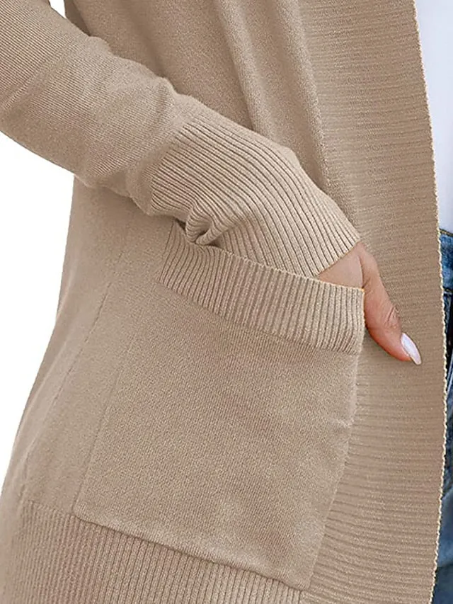 Women's Cardigan Knitted Front Pocket Solid Color Basic Casual Soft Long Sleeve Regular Fit Sweater Cardigans Open Front Fall Winter Spring Blue Wine Black / Going out