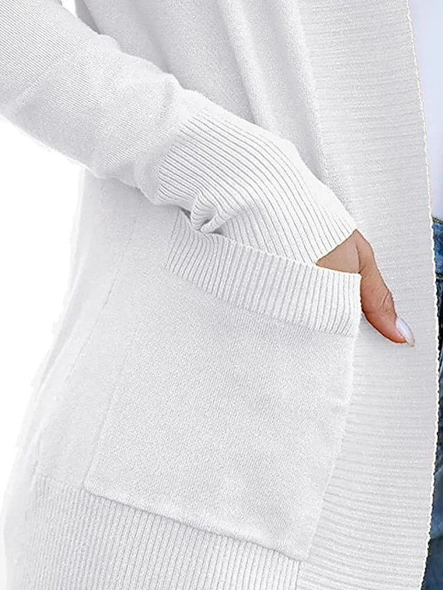 Women's Cardigan Knitted Front Pocket Solid Color Basic Casual Soft Long Sleeve Regular Fit Sweater Cardigans Open Front Fall Winter Spring Blue Wine Black / Going out