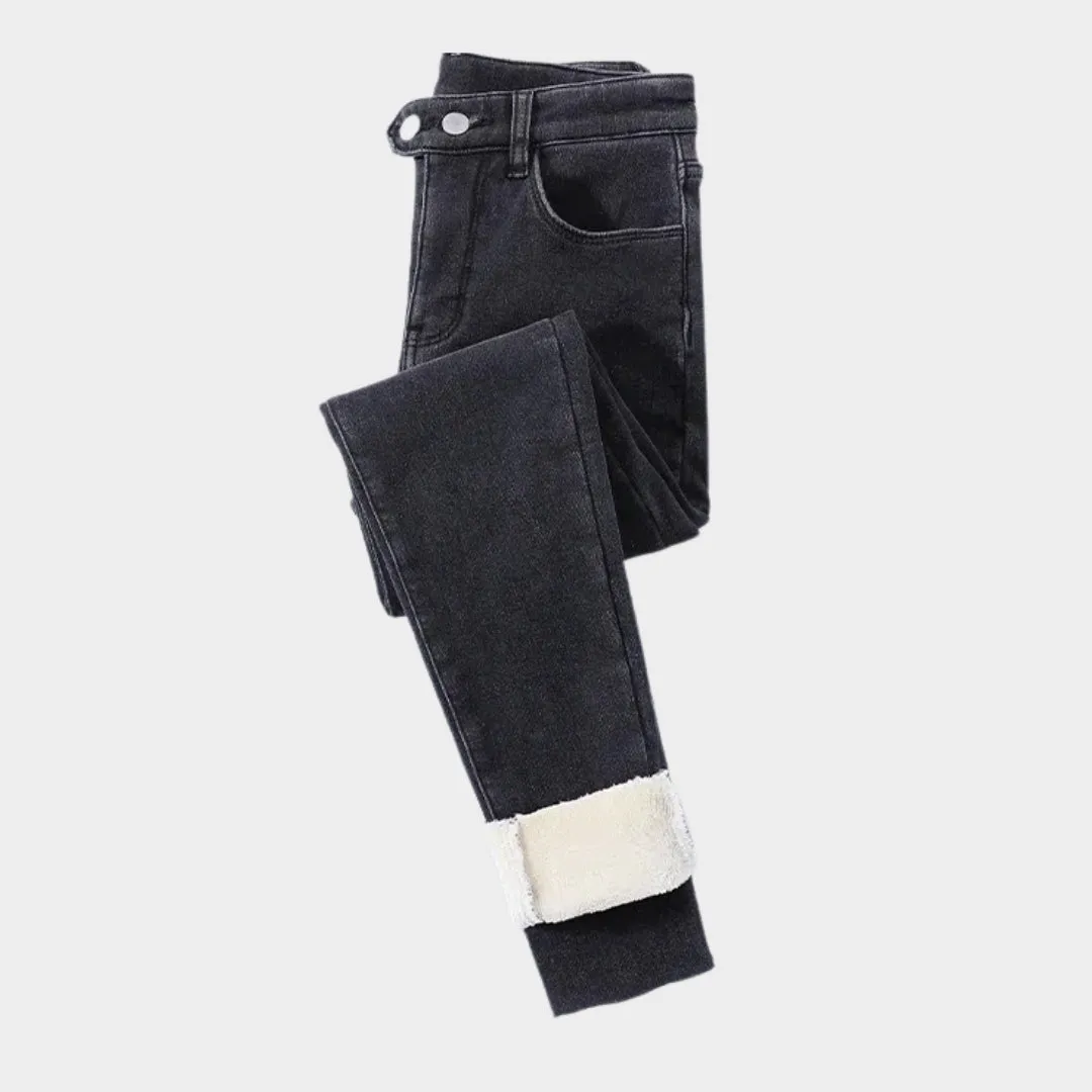Womens High Waist Skinny Jeans - Winter Thick Velvet Warm Fleece Denim Pants, Stretch Slim Fit, Blue Grey, Black, Vintage Blue, Grey