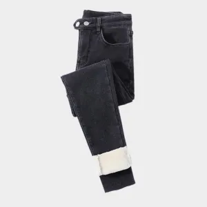 Womens High Waist Skinny Jeans - Winter Thick Velvet Warm Fleece Denim Pants, Stretch Slim Fit, Blue Grey, Black, Vintage Blue, Grey